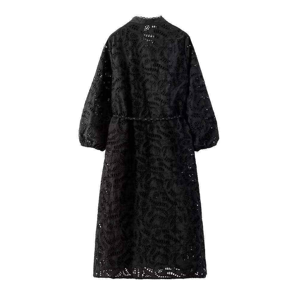 Vestido de mujer francés de manga larga con escote en V y escote en V, sexy, de jacquard negro, para usar en casa