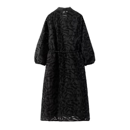 Vestido de mujer francés de manga larga con escote en V y escote en V, sexy, de jacquard negro, para usar en casa