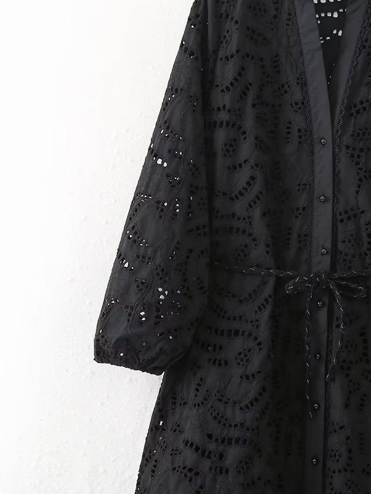 Vestido de mujer francés de manga larga con escote en V y escote en V, sexy, de jacquard negro, para usar en casa