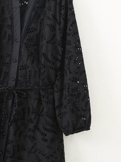 Vestido de mujer francés de manga larga con escote en V y escote en V, sexy, de jacquard negro, para usar en casa