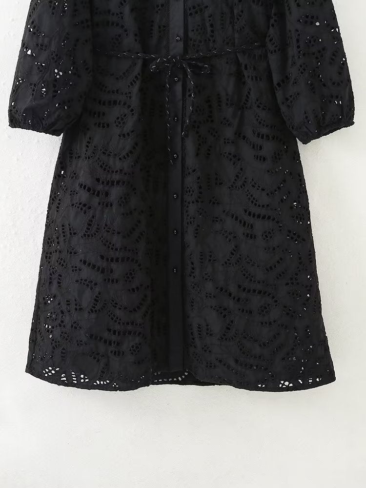 Vestido de mujer francés de manga larga con escote en V y escote en V, sexy, de jacquard negro, para usar en casa