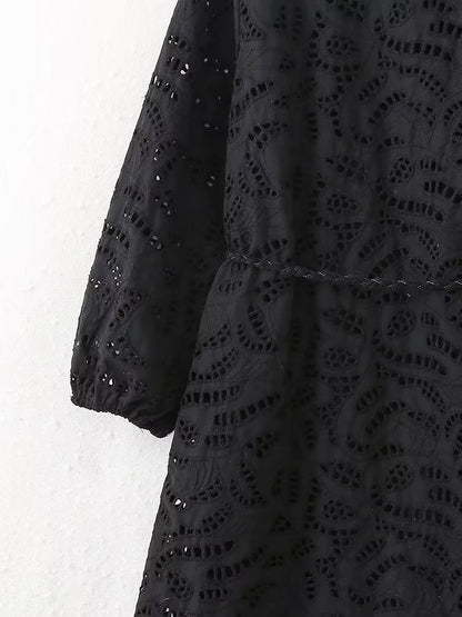 Vestido de mujer francés de manga larga con escote en V y escote en V, sexy, de jacquard negro, para usar en casa