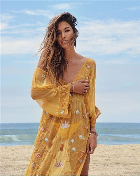 Vestido sari amarillo elegante bordado para playa para vacaciones de verano para mujer