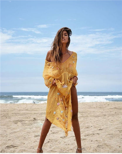 Vestido sari amarillo elegante bordado para playa para vacaciones de verano para mujer