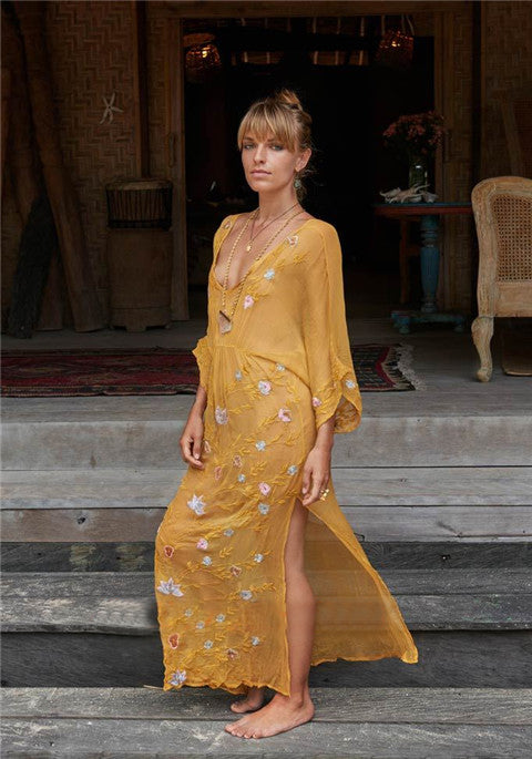 Vestido sari amarillo elegante bordado para playa para vacaciones de verano para mujer