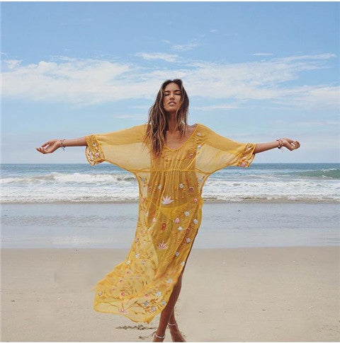 Vestido sari amarillo elegante bordado para playa para vacaciones de verano para mujer