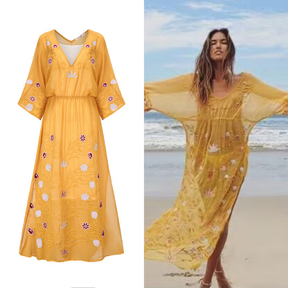 Vestido sari amarillo elegante bordado para playa para vacaciones de verano para mujer