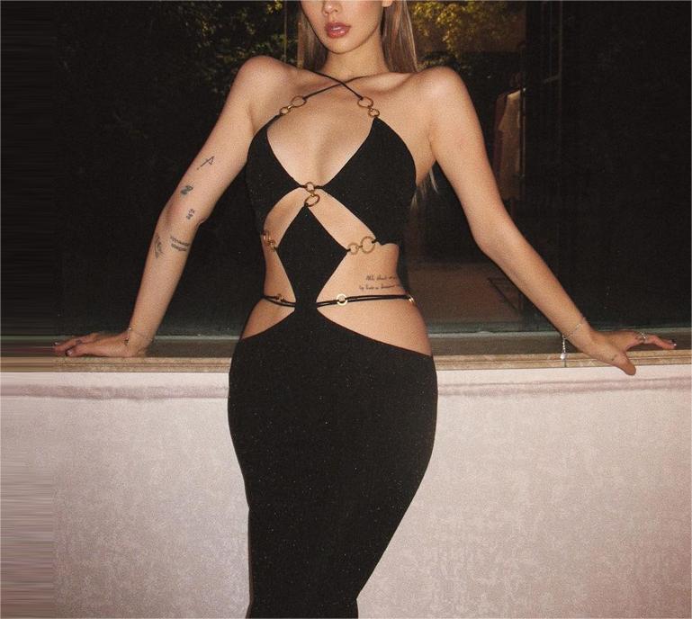 Women Clothing Summer Sexy Low Cut Ring Stitching Halter Spaghetti Straps Backless Slit Dress