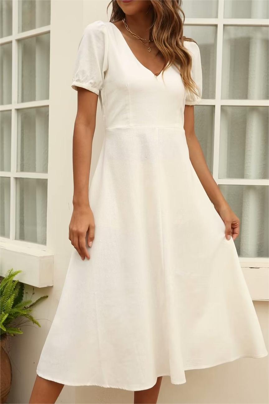 Robe d'été à manches courtes en coton et lin pour femmes, col en V blanc