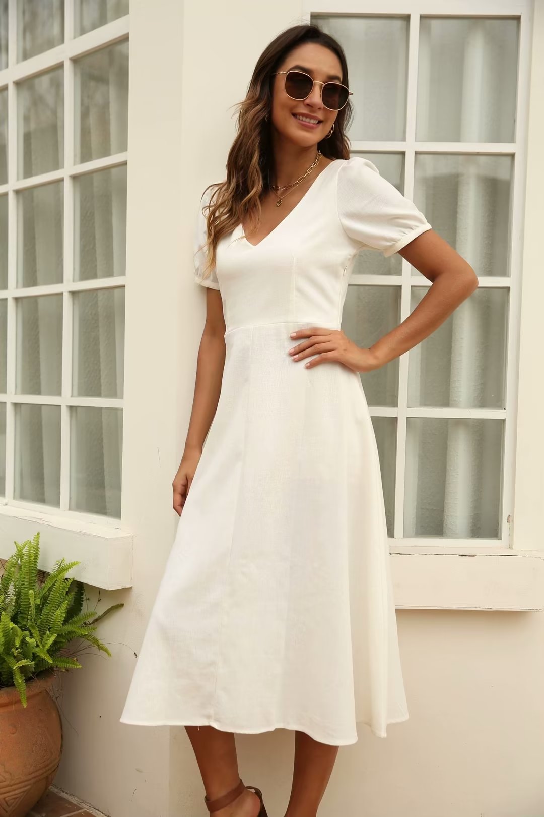 Robe d'été à manches courtes en coton et lin pour femmes, col en V blanc