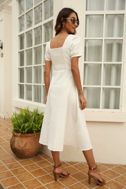 Robe d'été à manches courtes en coton et lin pour femmes, col en V blanc