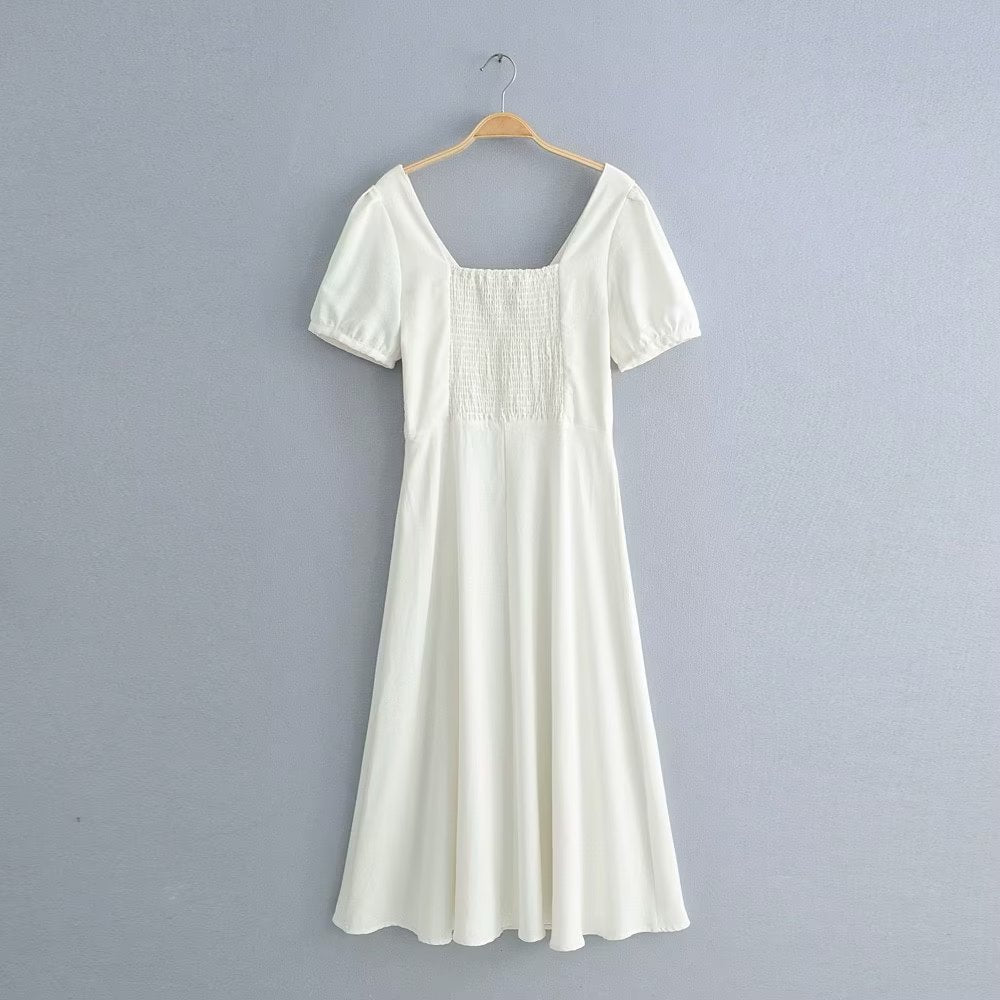 Robe d'été à manches courtes en coton et lin pour femmes, col en V blanc