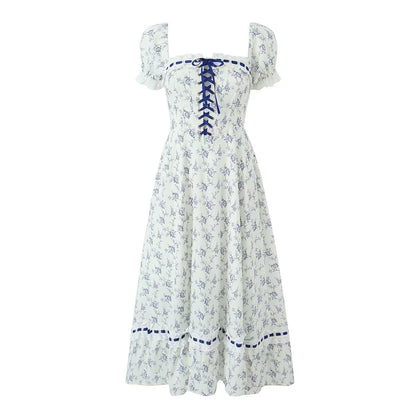 Vestido floral fresco con tirantes cruzados tejidos de encaje Cuello cuadrado de verano Manga abullonada Cintura alta Midi