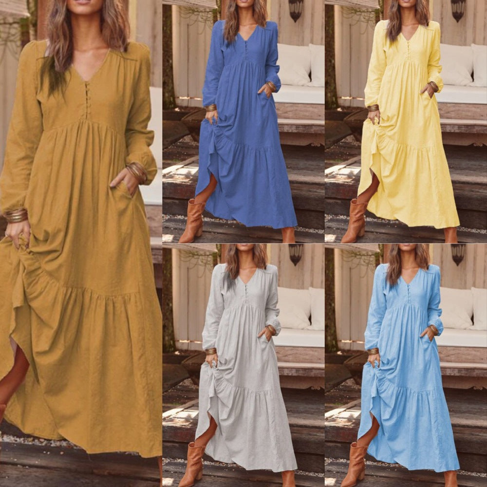 Automne hiver femmes vêtements bouton coton lin rétro décontracté à manches longues robe grande balançoire robe multicolore