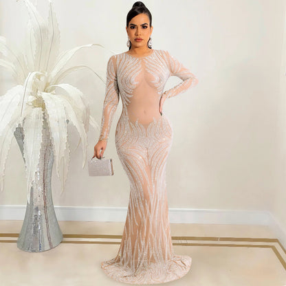 Night Club Sexy Rhinestone Mesh See through Long Sleeve Dress Dress Women