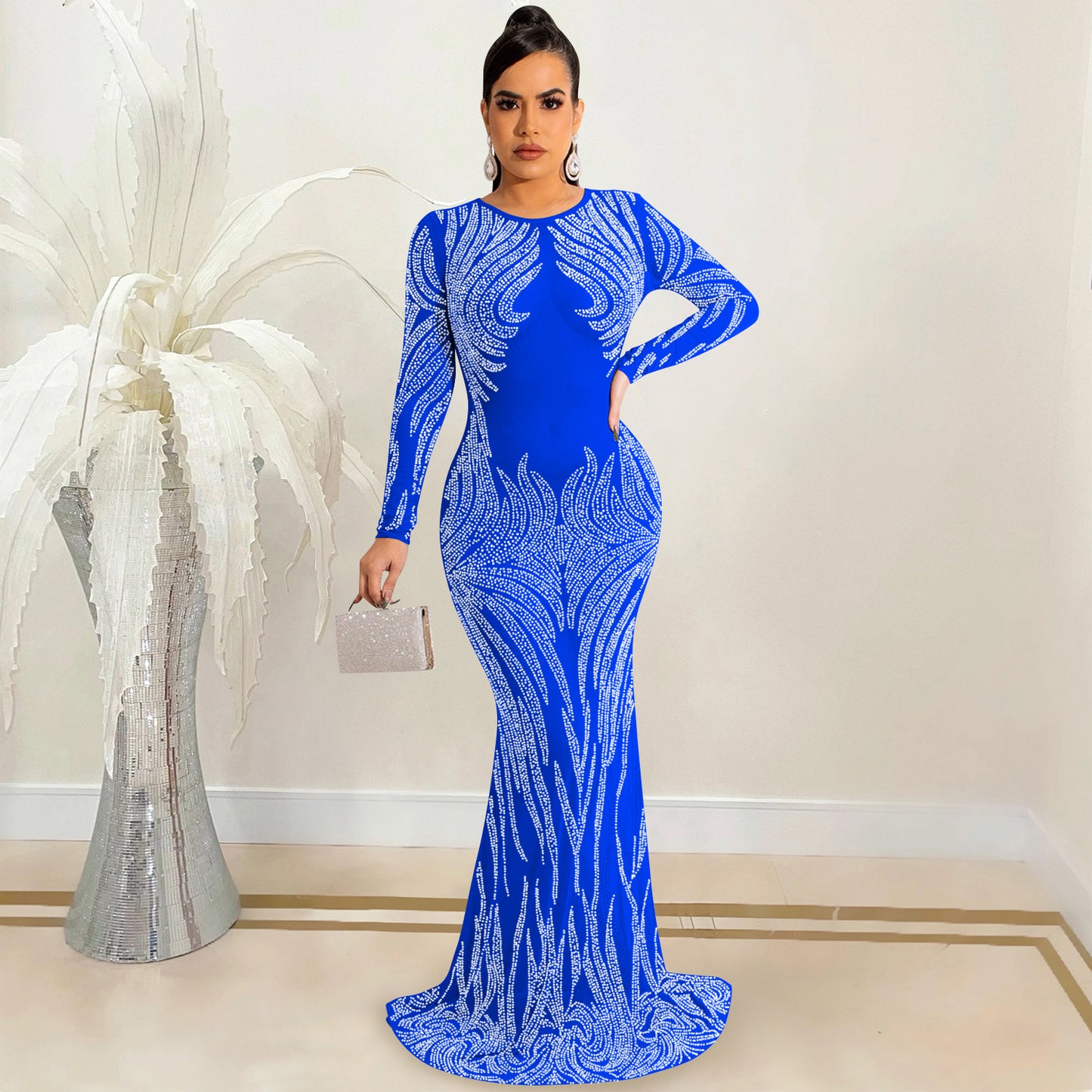 Night Club Sexy Rhinestone Mesh See through Long Sleeve Dress Dress Women