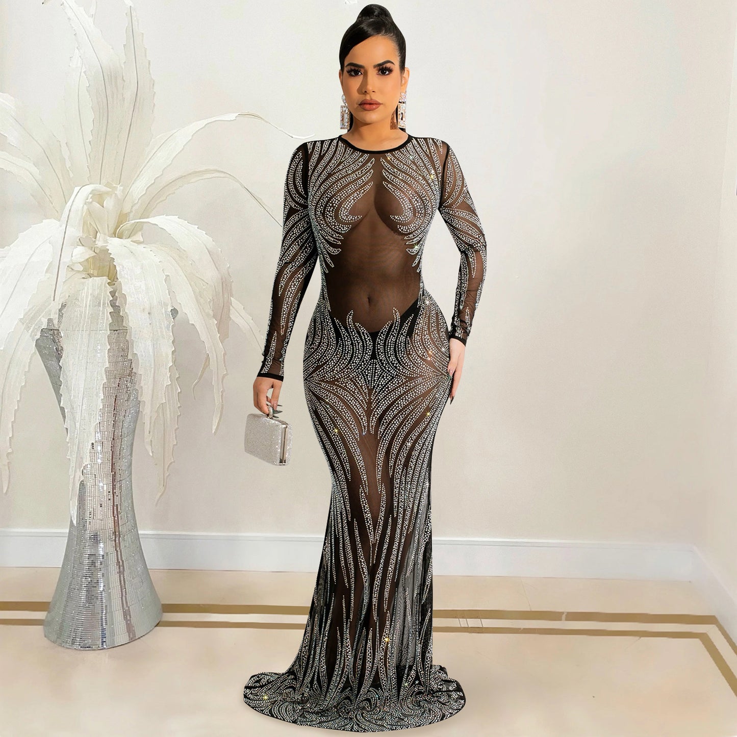 Night Club Sexy Rhinestone Mesh See through Long Sleeve Dress Dress Women