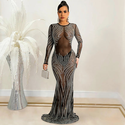 Night Club Sexy Rhinestone Mesh See through Long Sleeve Dress Dress Women