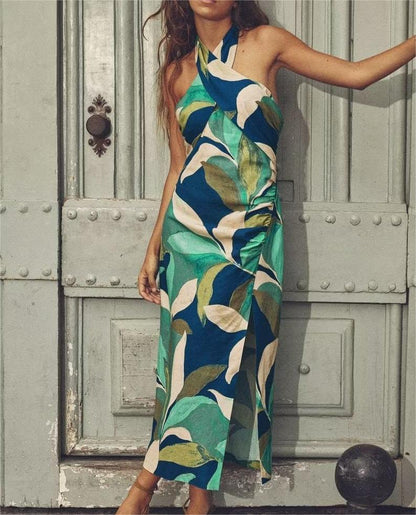 Vestido midi estampado de lino mezclado de ropa de verano para mujer