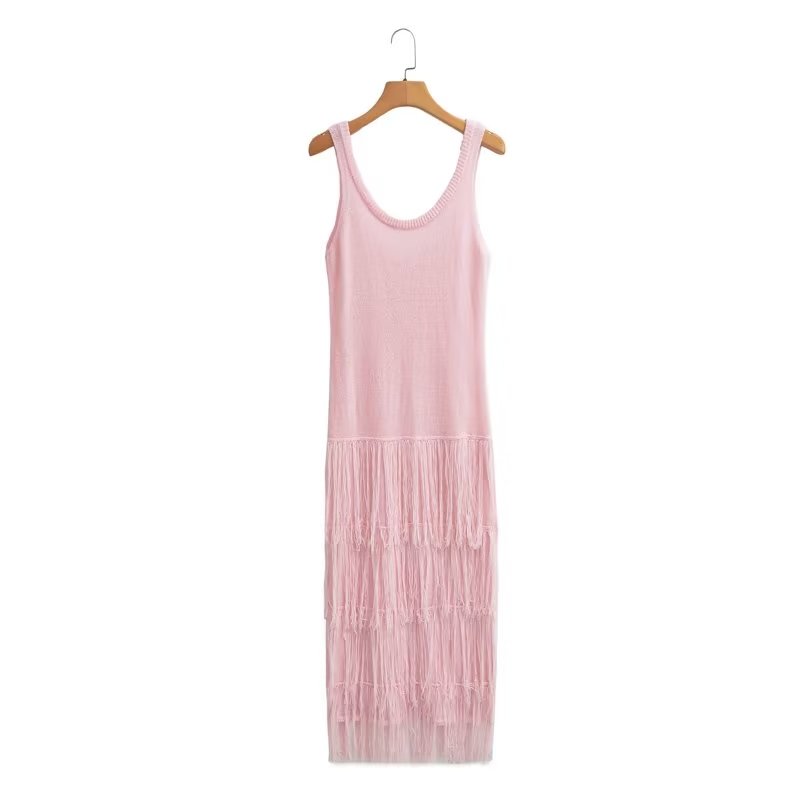 Robe Maxi tricotée pour femmes, élégante, col en U, sans manches, pompon rose, bretelles Spaghetti, automne