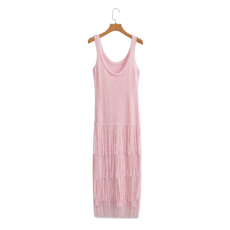 Robe Maxi tricotée pour femmes, élégante, col en U, sans manches, pompon rose, bretelles Spaghetti, automne