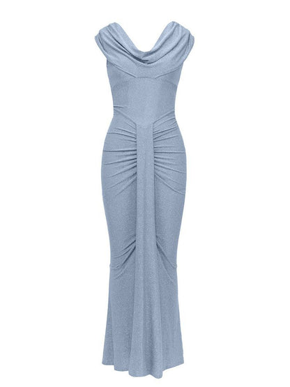 Dress Sexy V neck Simplicity Pleated Fishtail Slim Fit Maxi Dress