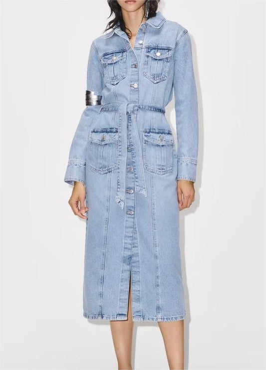 Robe en jean avec décoration de poche tuyère pour femmes, vêtements d'automne