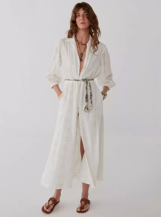 Robe à revers en coton brodée pour femme, nouvelle collection printemps et automne