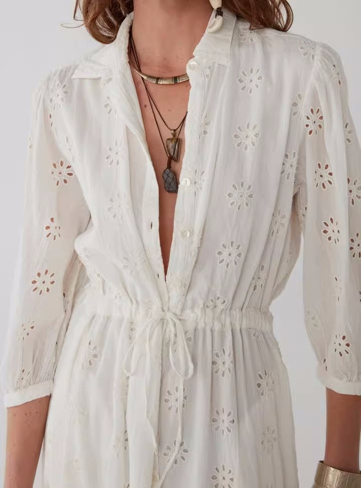 Robe à revers en coton brodée pour femme, nouvelle collection printemps et automne