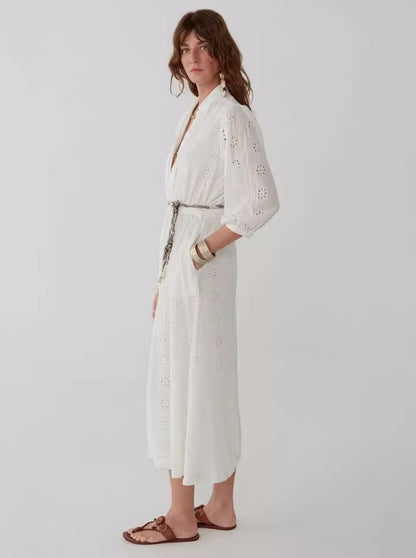 Robe à revers en coton brodée pour femme, nouvelle collection printemps et automne