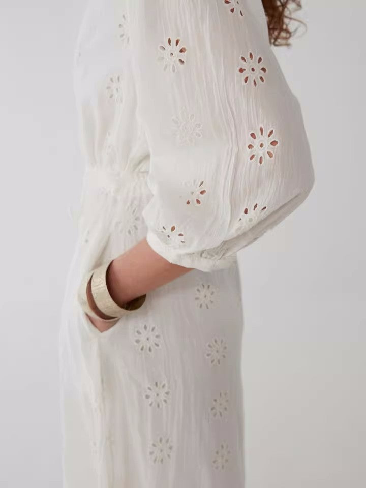 Women New Spring and Autumn Embroidered Cotton Lapel Dress