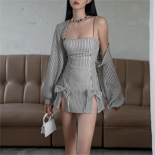 Autumn Women Clothing Suspender off Shoulder Slim Fit Sheath Striped Two Piece Dress