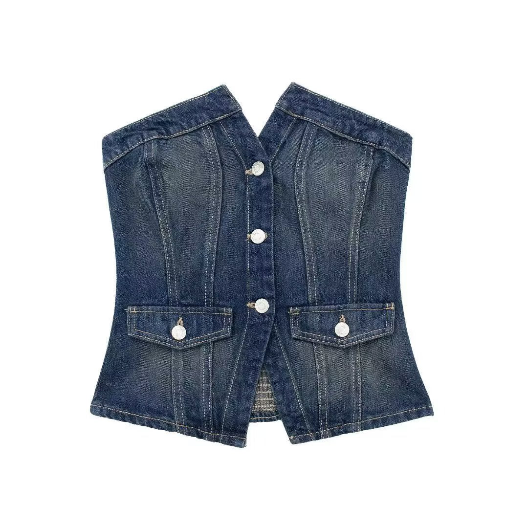 Automne Sexy coupe ajustée minceur court Denim Sexy bustier tubulaire femmes