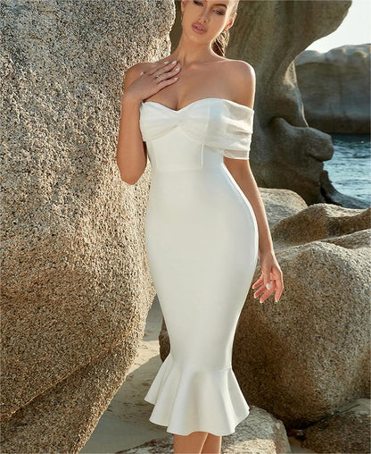 Robe d'été élégante à épaules dénudées, couleur unie, fourreau extensible, épaules dénudées, fête, mariage