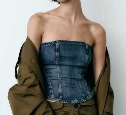 Vêtements d'été pour femmes, col rond, fermeture éclair dans le dos, Corset, haut en jean