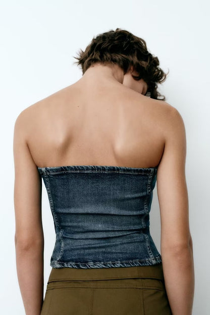 Vêtements d'été pour femmes, col rond, fermeture éclair dans le dos, Corset, haut en jean