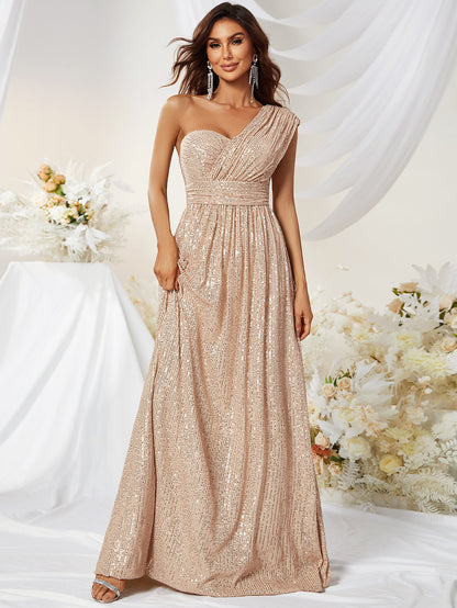 Robe de soirée à épaules obliques sans manches, robe de soirée élégante à paillettes, robe longue