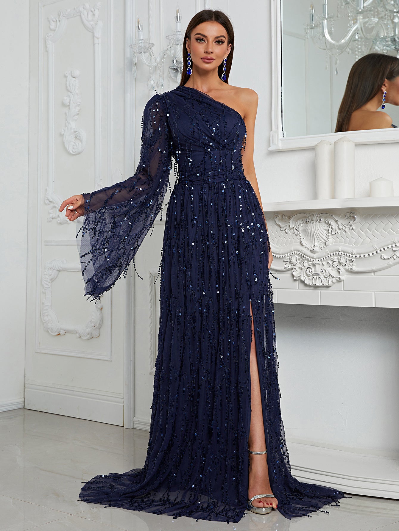 Sequin Dress Oblique Shoulder One Sleeve Cocktail Evening Dress Slit Elegant Dress