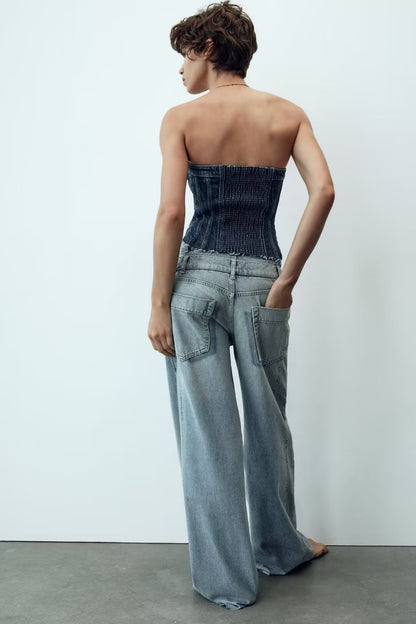 Vêtements français pour femmes, Double couche, taille, pantalon en Denim, jambes larges