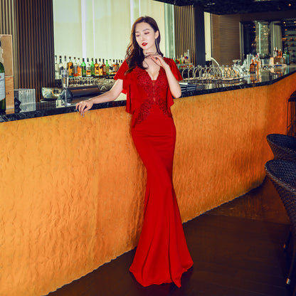 Robe de soirée longue rouge à col Bardot pour femme, tenue de soirée de mariage, coupe ajustée, queue de poisson