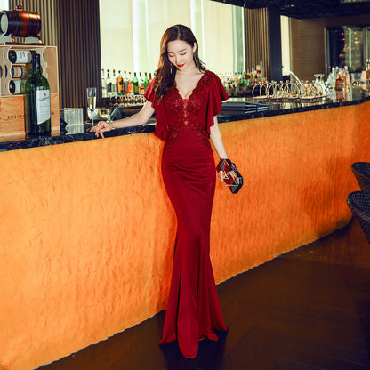 Toast Clothing Bride Long Red Bardot Appreciation Dinner Slim Fit Fishtail Wedding Evening Dress Women