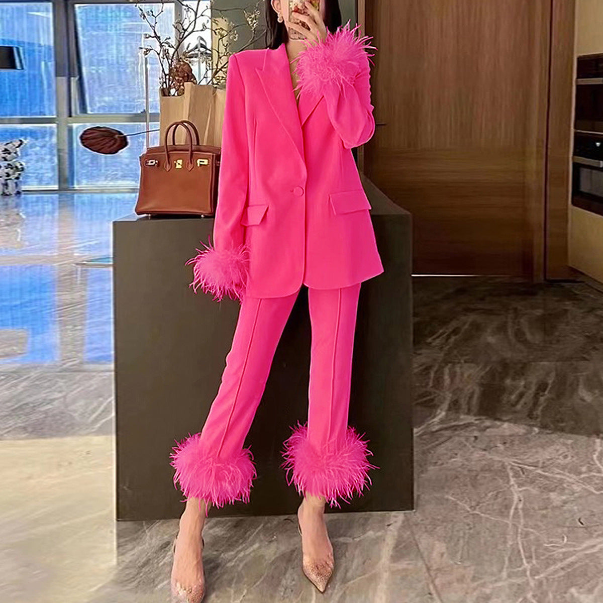 Spring Autumn Internet Ostrich Feather Stitching Two Piece Set Elegant Dress Women Rain Pants