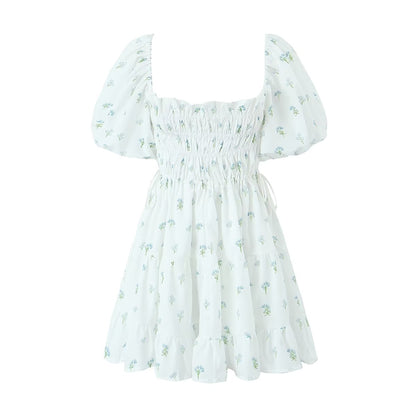 Tea Break French Floral Dress Women SummerPuff Sleeve Dress