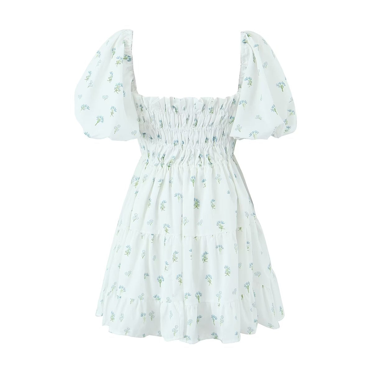 Tea Break French Floral Dress Women SummerPuff Sleeve Dress