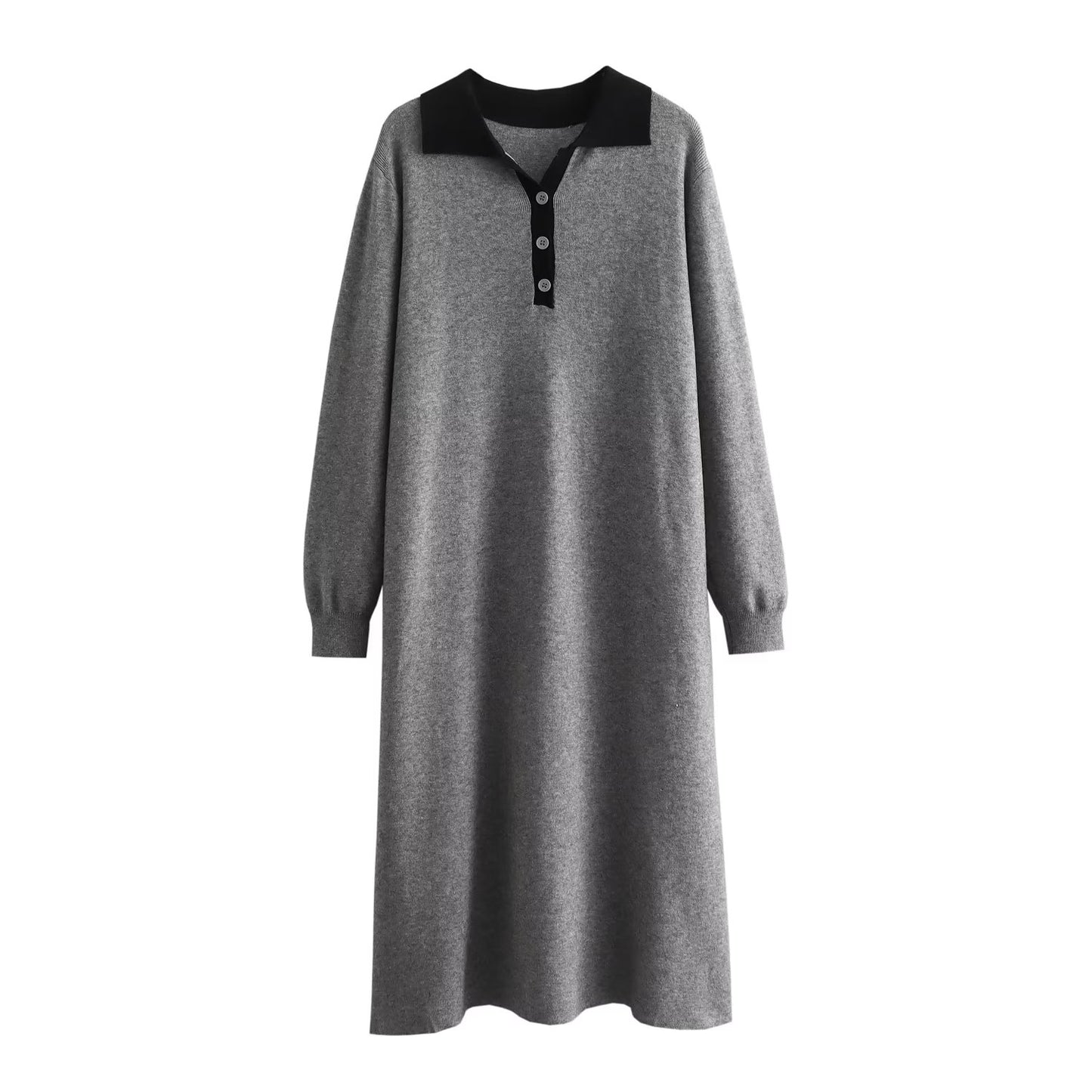 Winter Women Clothing Polo Collared Contrast Color Long Knitted Core Spun Yarn Dress