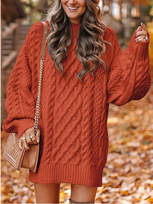 Round Neck Long Sleeve Twisted Knitted Thick Needle Pullover Mid Length Sweater Women Dress