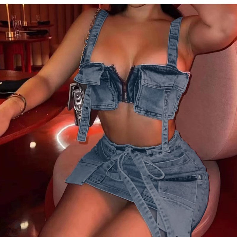 Ensemble jupe courte sexy sans bretelles en denim avec poche 3D