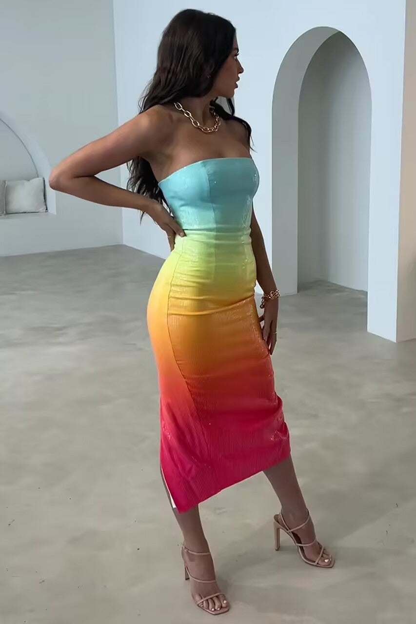 Vestido de verano para mujer, sexy, con figura de tubo y cintura alta, color degradado