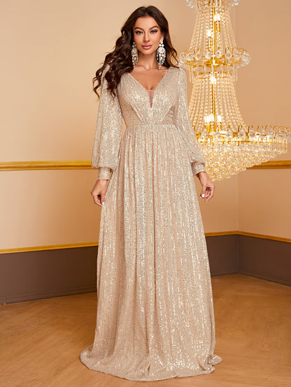 Dress Sequined Long Sleeve V Neck Dress Elegant Simple Cocktail Evening Dress