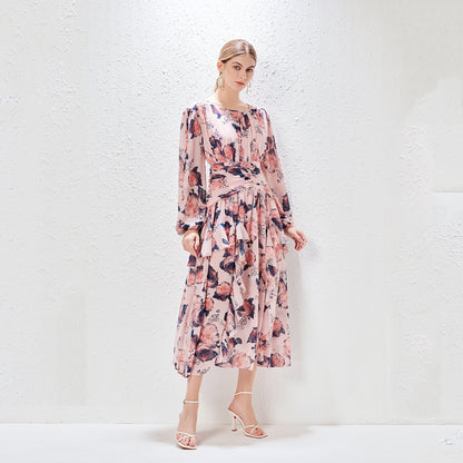 Robe longue imprimée à volants pour femmes, col rond, manches lanternes, élégante et féminine